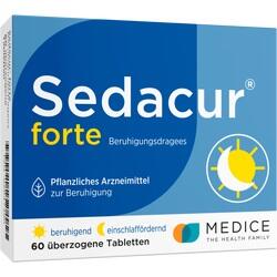 Blau-weiße Packung von Sedacur forte, einem pflanzlichen Beruhigungsarzneimittel.