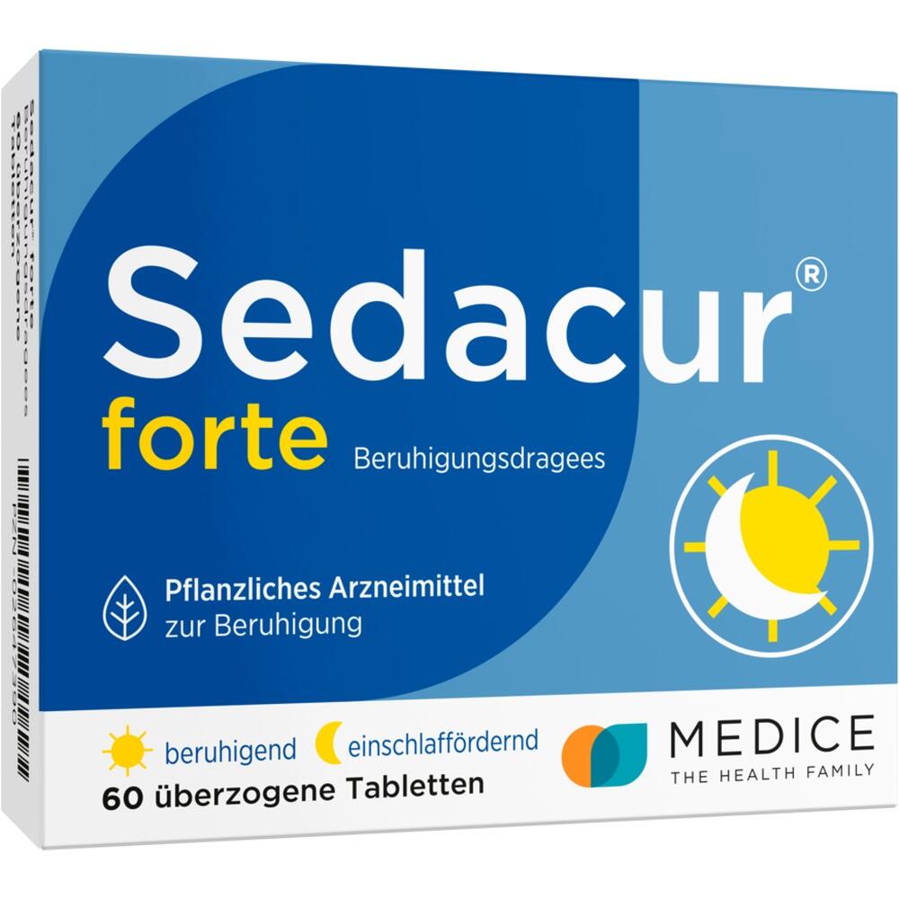 Blau-weiße Packung von Sedacur forte, einem pflanzlichen Beruhigungsarzneimittel.