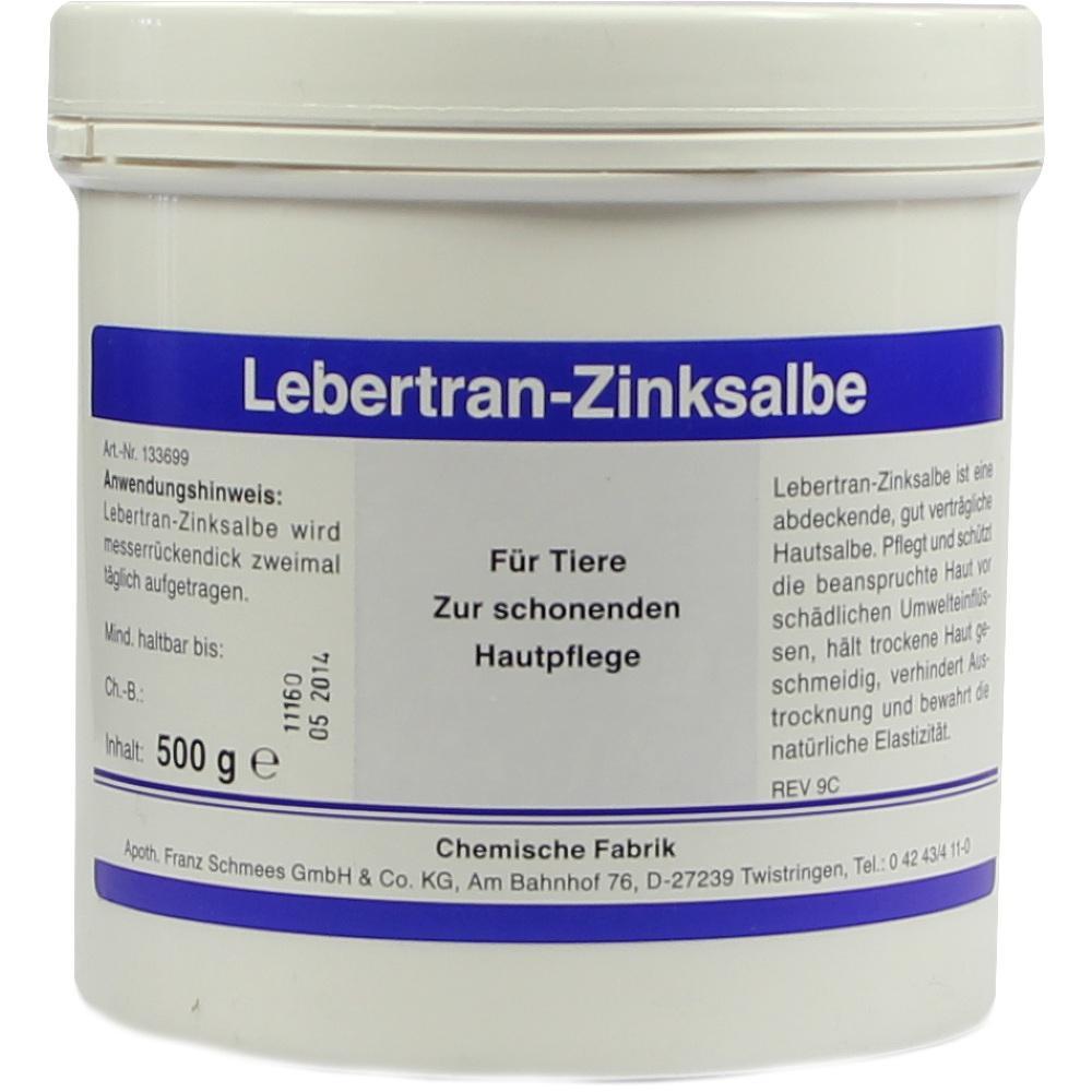 Dose mit Lebertran-Zinksalbe zur Hautpflege bei Tieren, weiß-blaues Etikett.