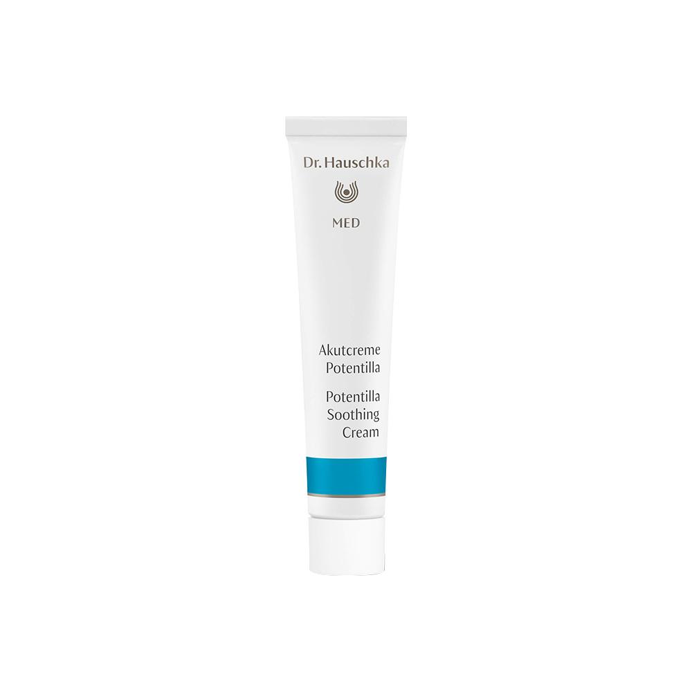 Eine weiße Tube mit blauer Aufschrift und der Aufschrift "Potentilla Soothing Cream".
