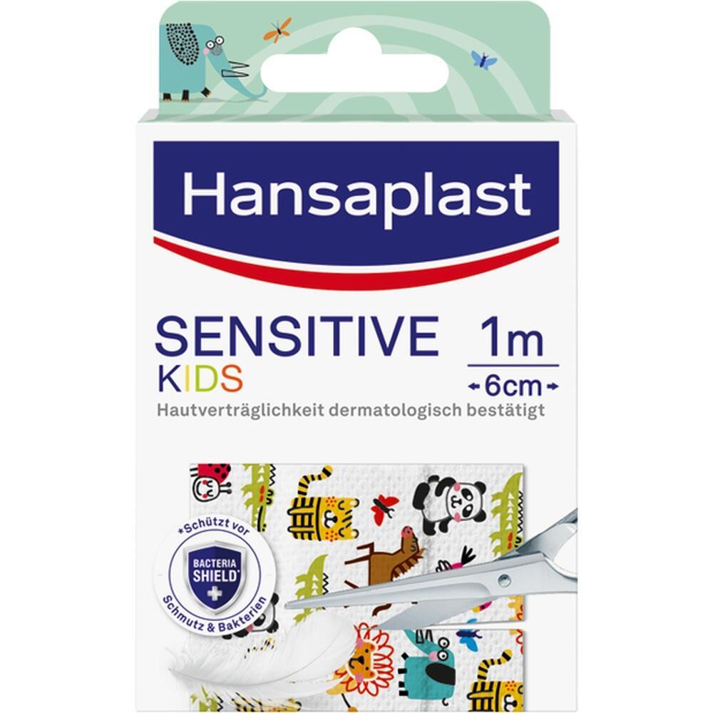 Eine Packung Hansaplast-Pflaster für Kinder mit bunten Tiermotiven.